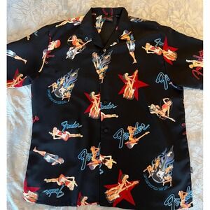 Fender‎ The Collection DaVinci Pinup Girl Guitar Black Button Down Shirt